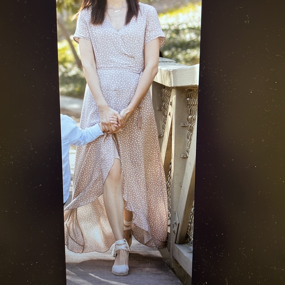 Polka dot maxi wrap dress in taupe/ tan